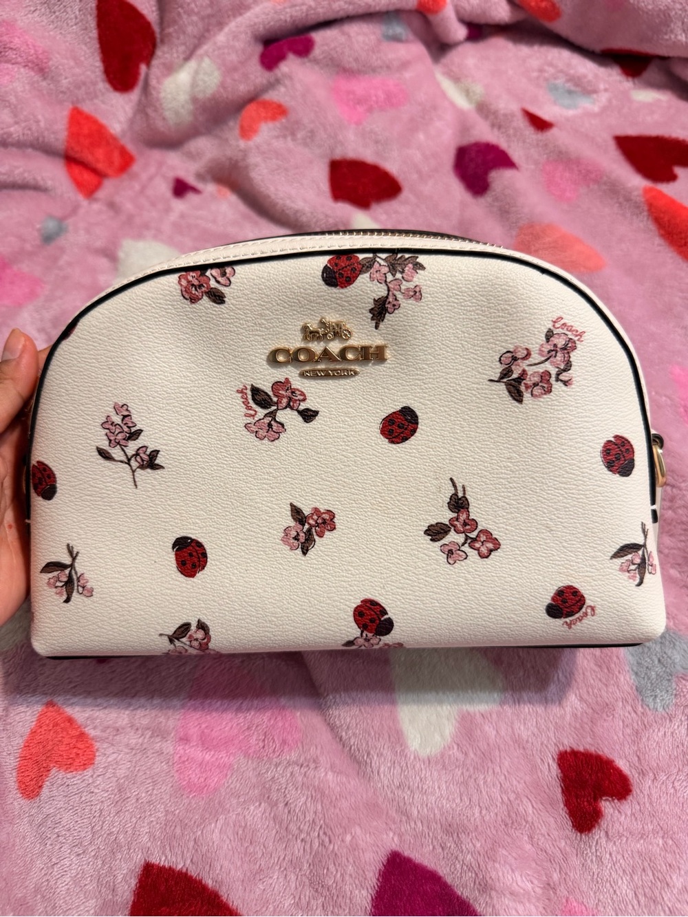 Coach White Floral & Ladybug Zip Cosmetic Pouch with Gold Logo